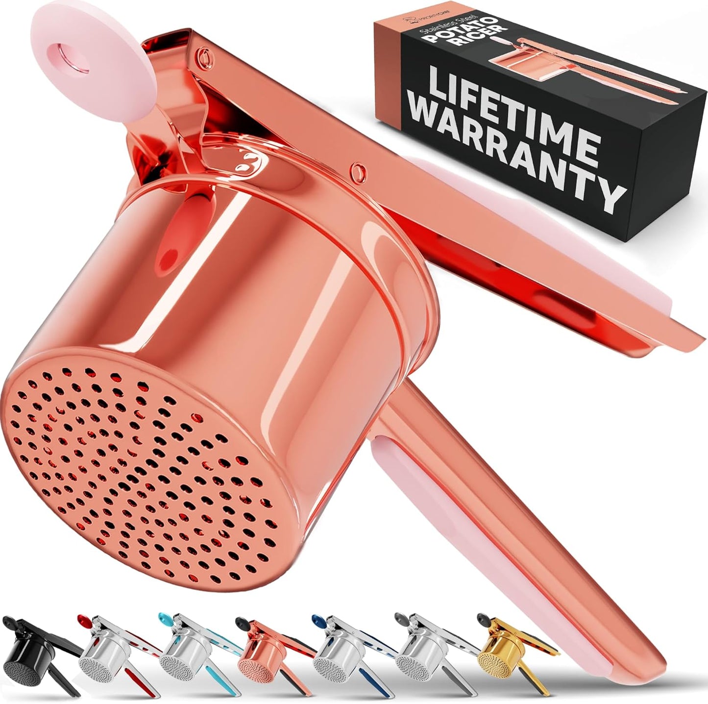 PriorityChef 15oz Potato Ricer - Heavy Duty Stainless Steel Masher for Perfect Mashed Potatoes | Rose Gold & Pink