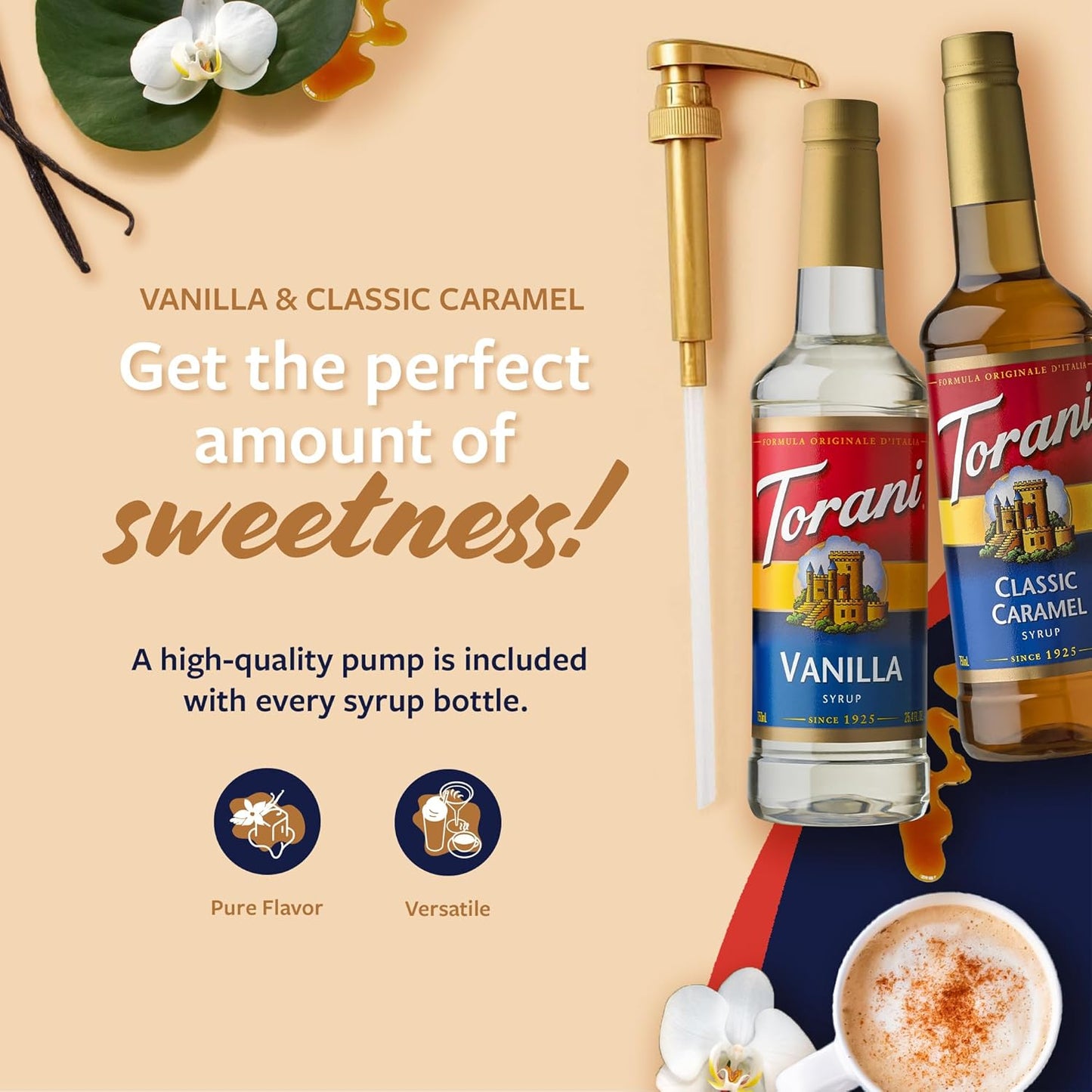 Torani Syrups - Classic Caramel & Vanilla Coffee Syrup Variety 2-Pack | 25.4 Fl Oz Each, Pumps Included