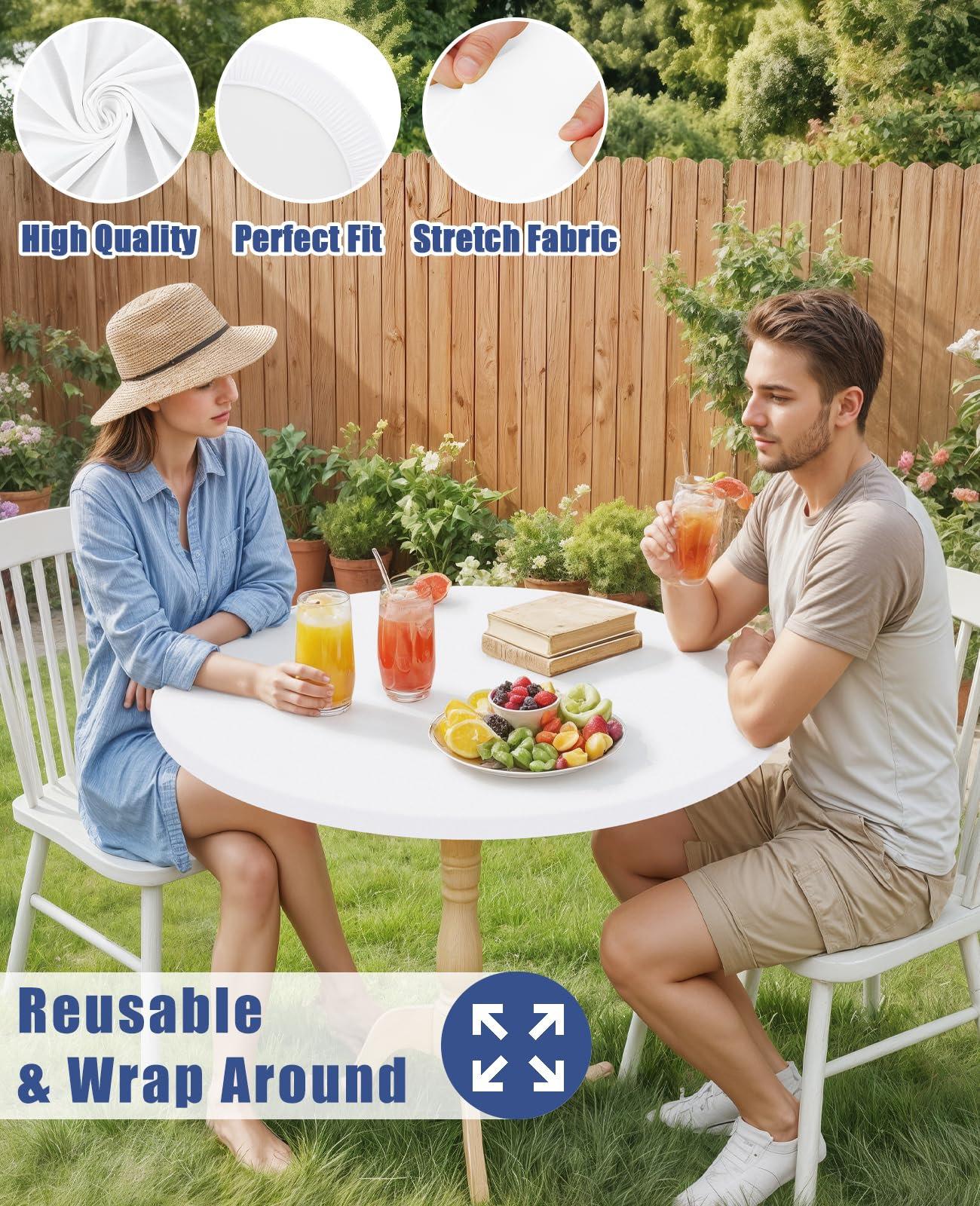 Moosfor Round Spandex Tablecloth, Elastic Fitted Waterproof Tablecloths for 18"-24" Tables, Stretch Washable Picnic Table Cover for Camping, Dining, Indoor and Outdoor, White