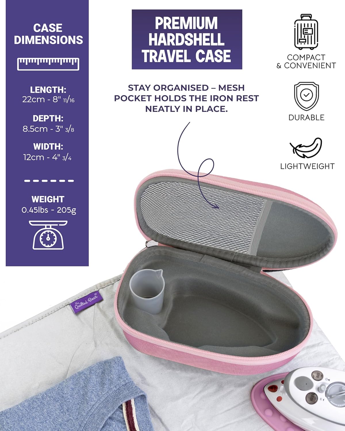 Quilted Bear Mini Steam Iron - Lightweight Travel Iron for Effortless Quilting & Wrinkle-Free Clothes | Pink with Carry Case & Iron Rest Set