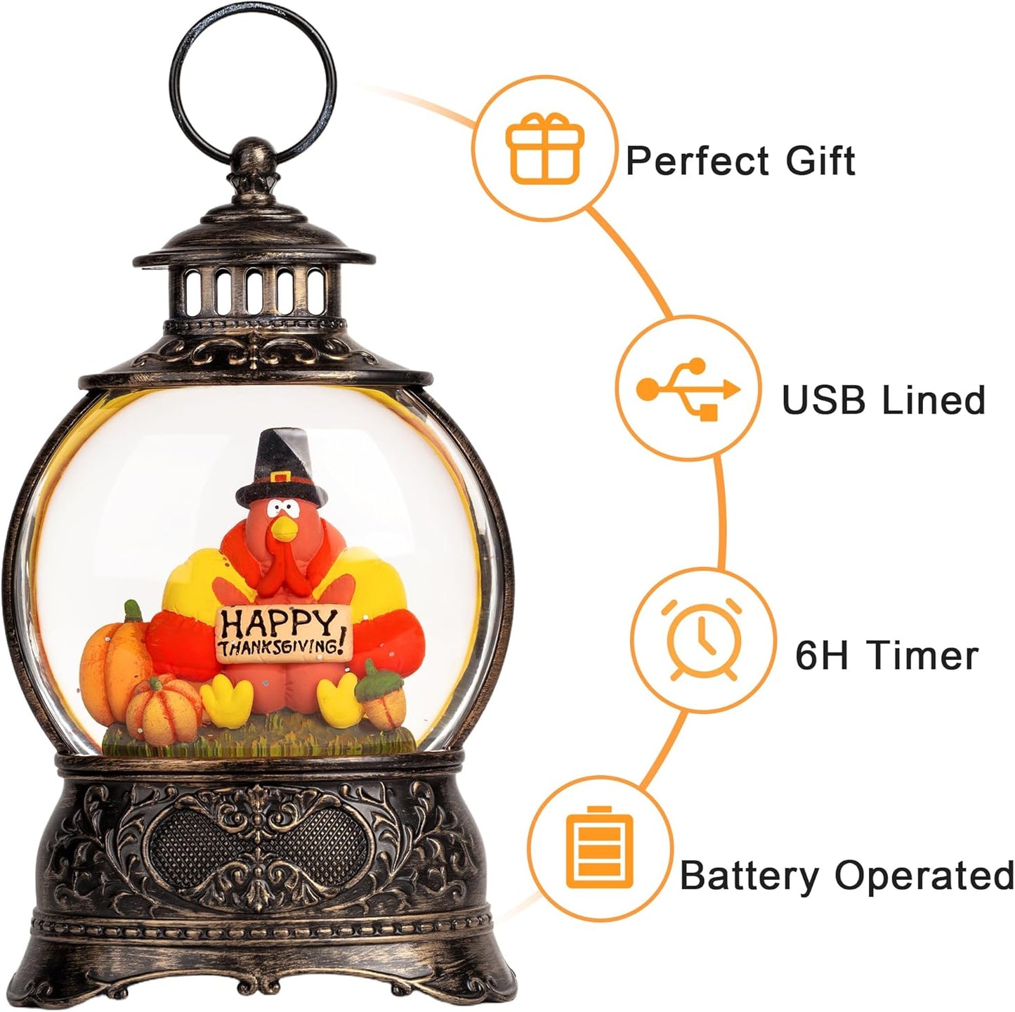 Skiennix Snow Globe | Thanksgiving Water Lantern with Swirling Glitter - Autumn Harvest Decor (Turkey & Pumpkins)