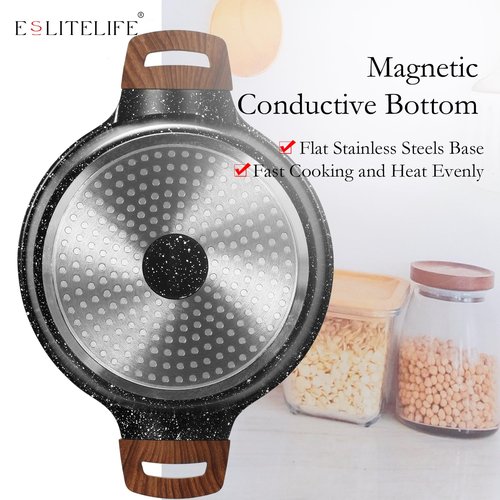 ESLITE LIFE Nonstick Stock Pot with Lid, 7 Quart Granite Casserole Large Soup Pot Pasta Cooking Pot, Induction Compatible, PTFE & PFOA Free, Black