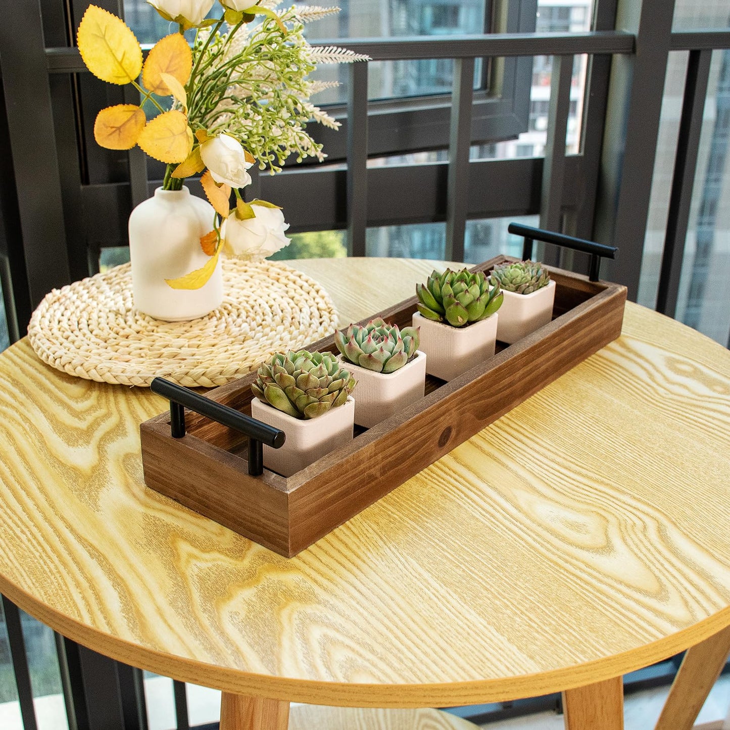 Rustic Wood Serving Tray, Brown Wooden Tray, Centerpiece Tray for Dining Table, Farmhouse Plant Tray, Candle Holder, Long Narrow Ottoman Trays for Wine Coffee Table Kitchen Decor (Wood Brown)