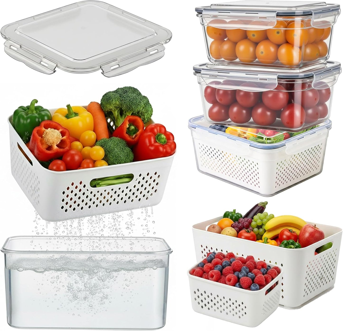 Skiennix Large Fruit Storage Containers - Airtight Plastic Food Storage with Removable Colander | 5 Pack