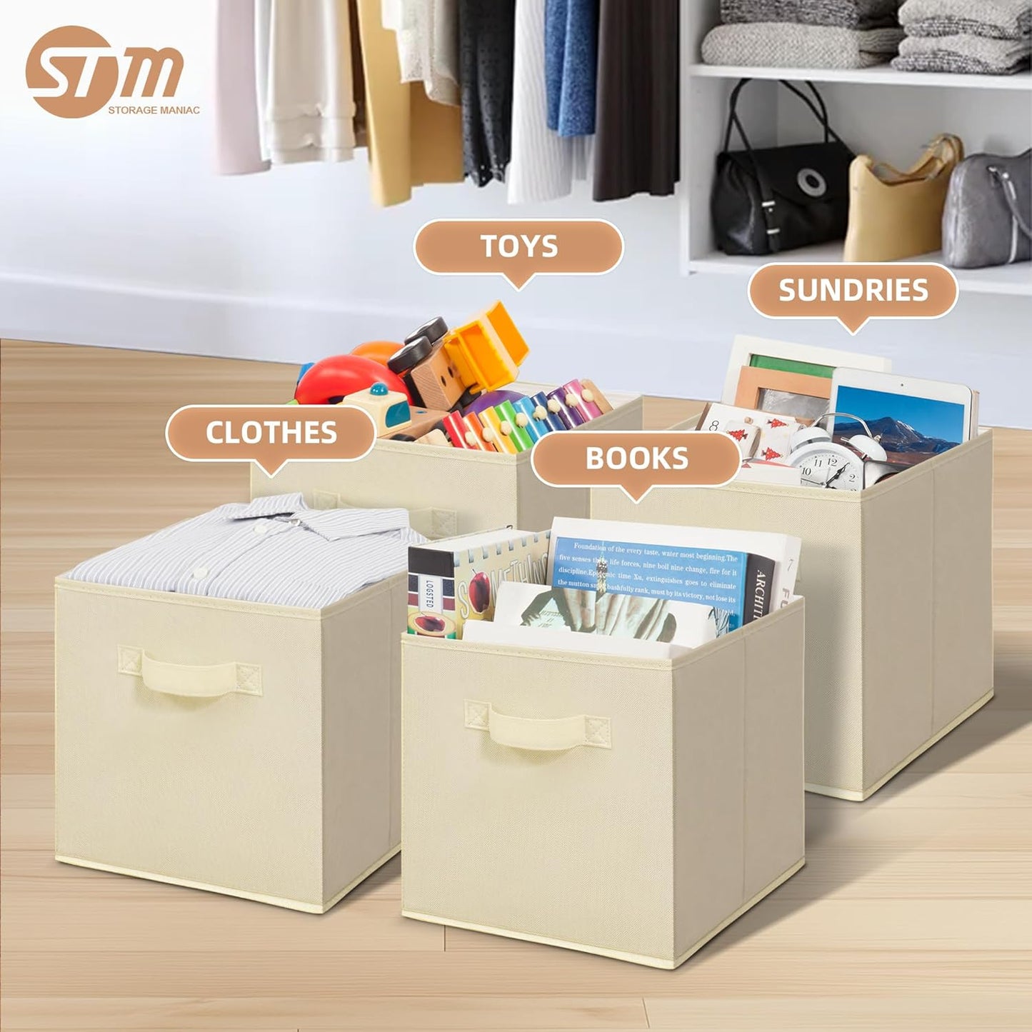 Storage Maniac Storage Cubes - 11-Inch Collapsible Bins with Handles | 10-Pack Beige Fabric Organizers