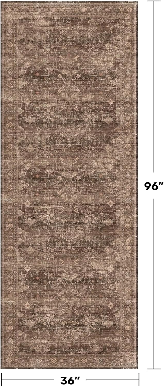 Skiennix Brown Washable Long Runner Rug - Non-Slip Rubber Backing | 3x8 ft Boho Vintage Design for Hallways & Entryways