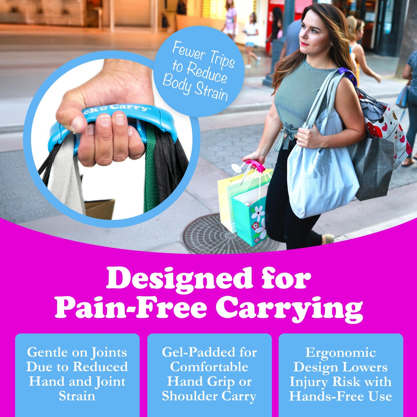 Click & Carry Grocery Bag Carrier Handle - Carry More in Fewer Trips, 100lb Capacity, Hands-Free, Gel-Padded Ergonomic Design, Shopping & Grocery Bag Holder - As Seen On Shark Tank, Blue, 2 Pack