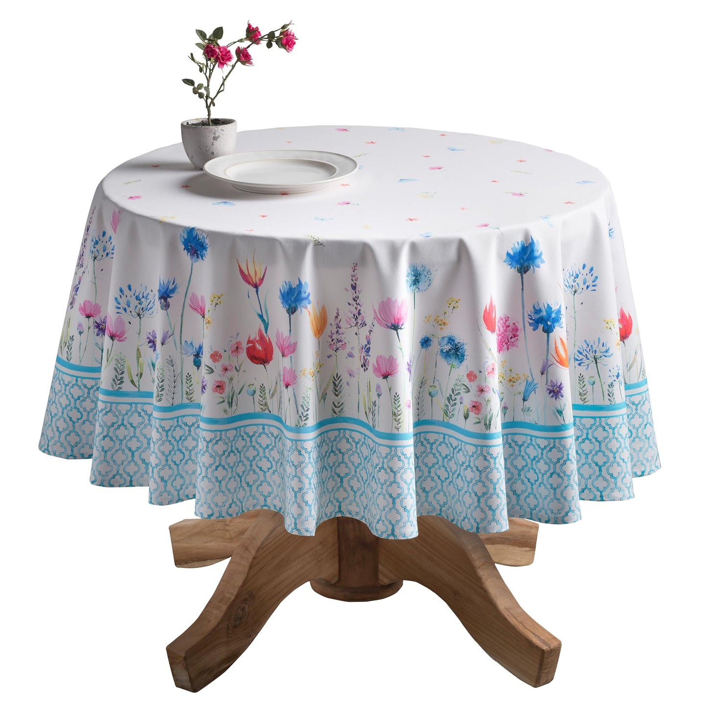 Maison d' Hermine Table Cloth Round Table 100% Cotton 69 Round Inches Tablecloth Reusable Decorative for Dining Kitchen Room Farmhouse Home Gifts for Mothers Day Spring Summer - Flower in The Field