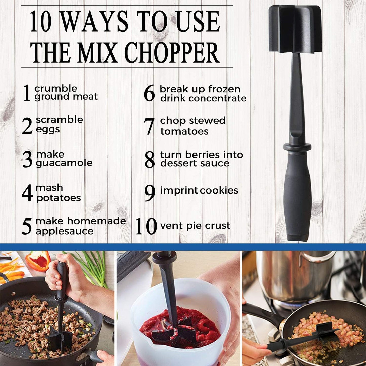 Meat Chopper - 5 Curve Blades Heat Resistant Tool for Ground Beef, Turkey & More | Nylon Masher Utensil
