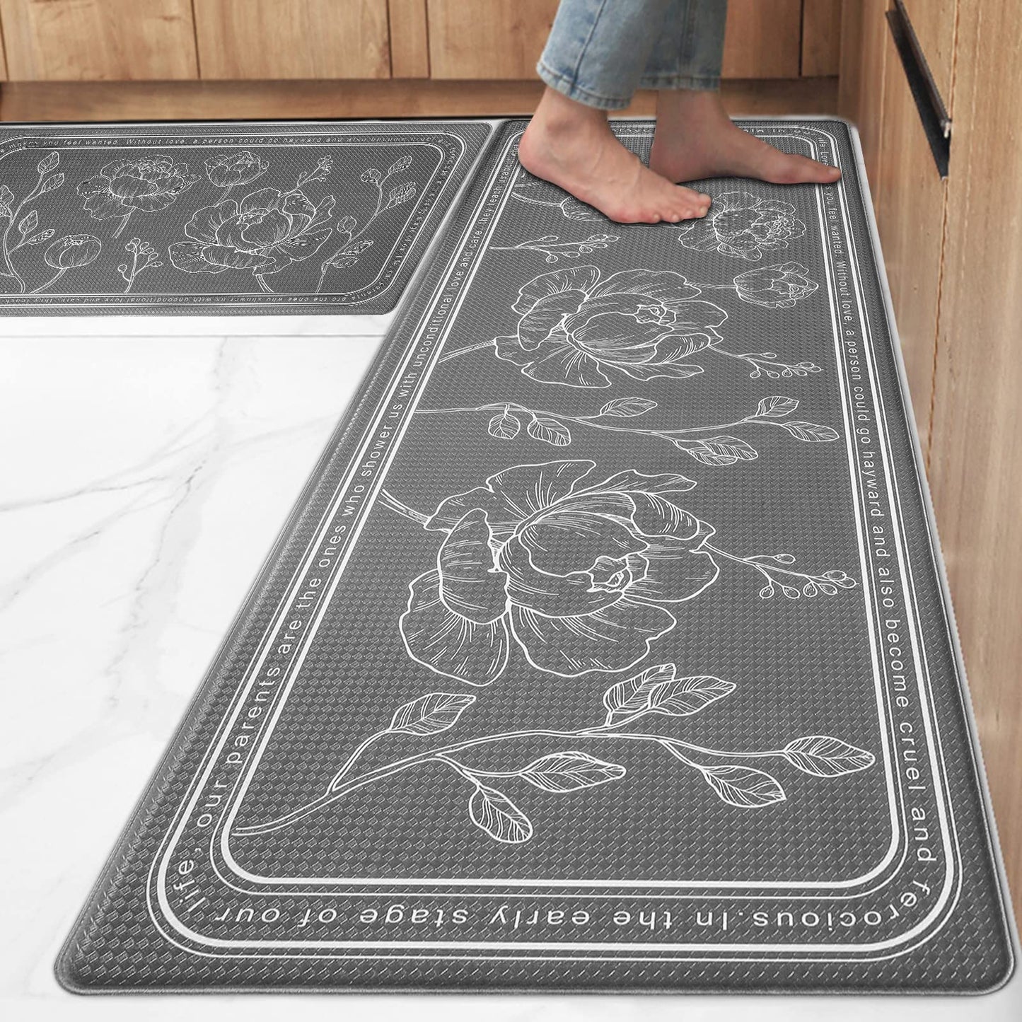 ROTTOGOON Kitchen Floor Mat Set of 2, Cushioned Anti Fatigue Mat 17"x47"+17"x29", Non-Slip Waterproof Rug, Premium PVC Comfort Mats and Rugs for Kitchen, Office, Home, Laundry