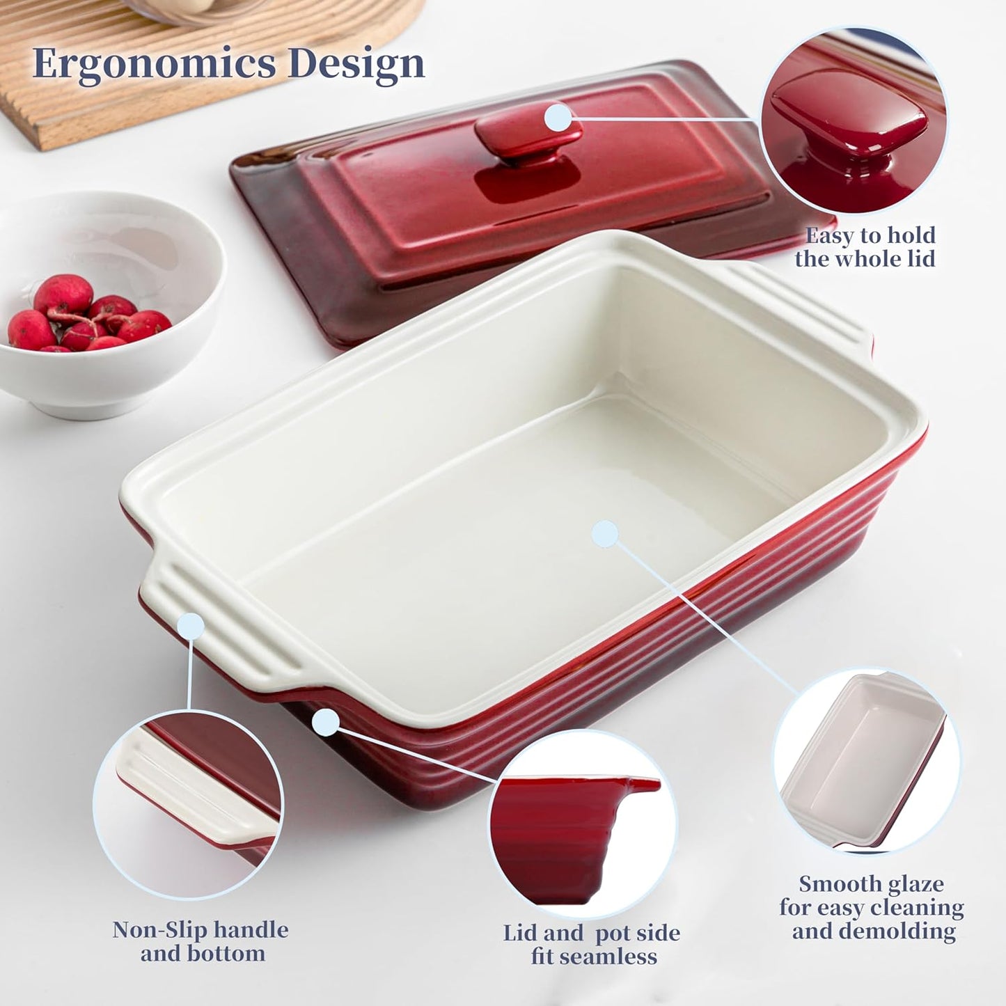 LOVECASA 4.5 Quart Ceramic Casserole Dish - Oven Safe Lasagna Pan with Lid & Handles | Gradient Red