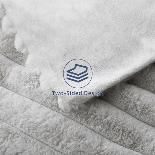 DaysU Cozy Faux Fur Throw Blanket 50x60 Inches Light Gray Ultra Plush Striped for Couch Bedroom Living Room, Fluffy Warm Home Decor Essential