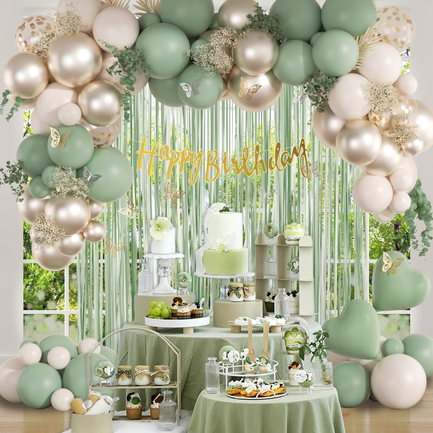 Sage Green Birthday Party Decorations with Happy Birthday Banner Green Fringe Curtain Butterfly Decorations Foil Balloons Happy Birthday Decorations for Women