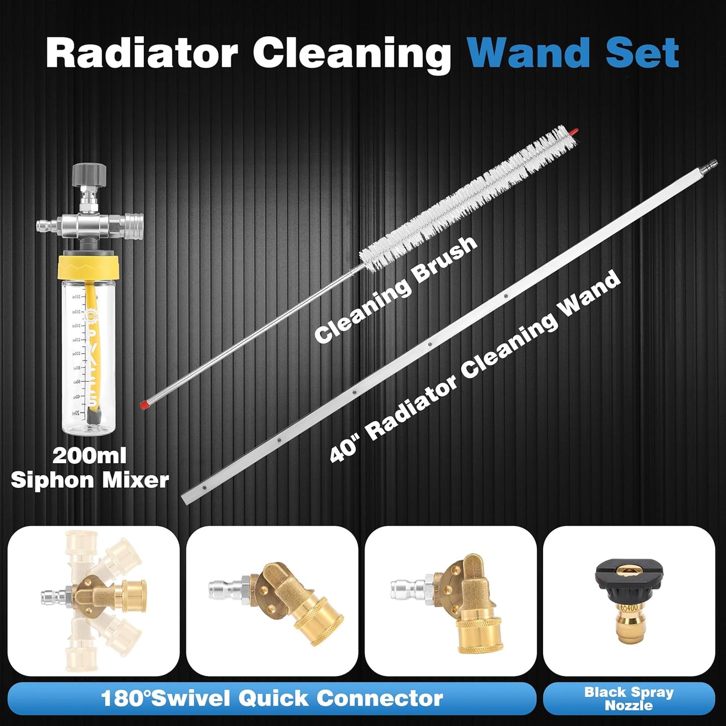 PWACCS Chemical Injector - 200ml Downstream Injector with 40" Radiator Cleaning Wand & 180° Swivel for Power Washers