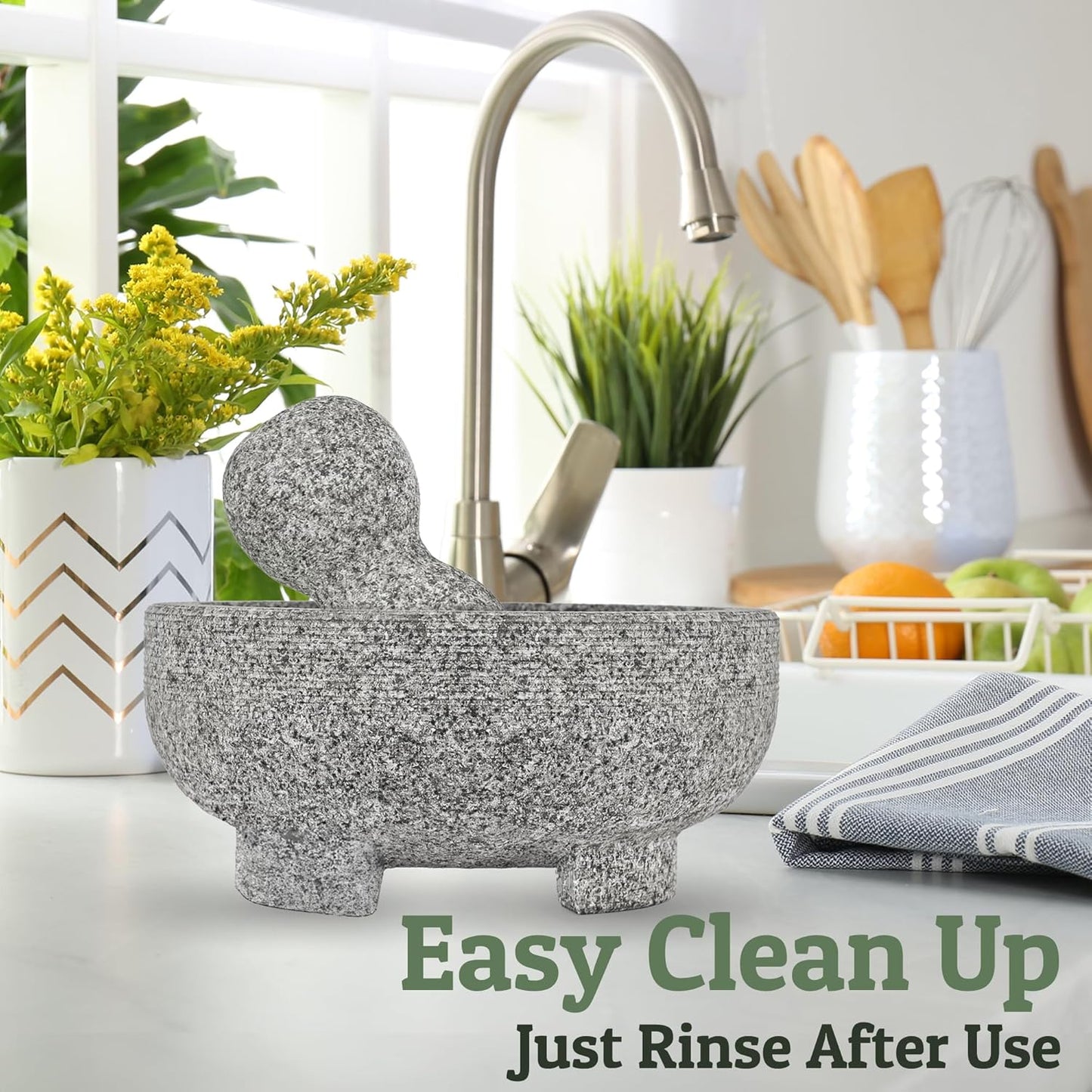PriorityChef Granite Mortar and Pestle Set - 8-Inch Natural Stone Bowl for Spices & Guacamole | Grey