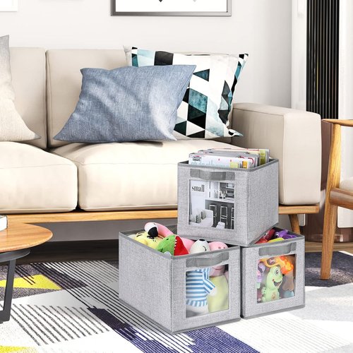 Homsorout Storage Bins - 11-Inch Fabric Cubes with Window | 3-Pack Linen Closet Organizers for Home & Office