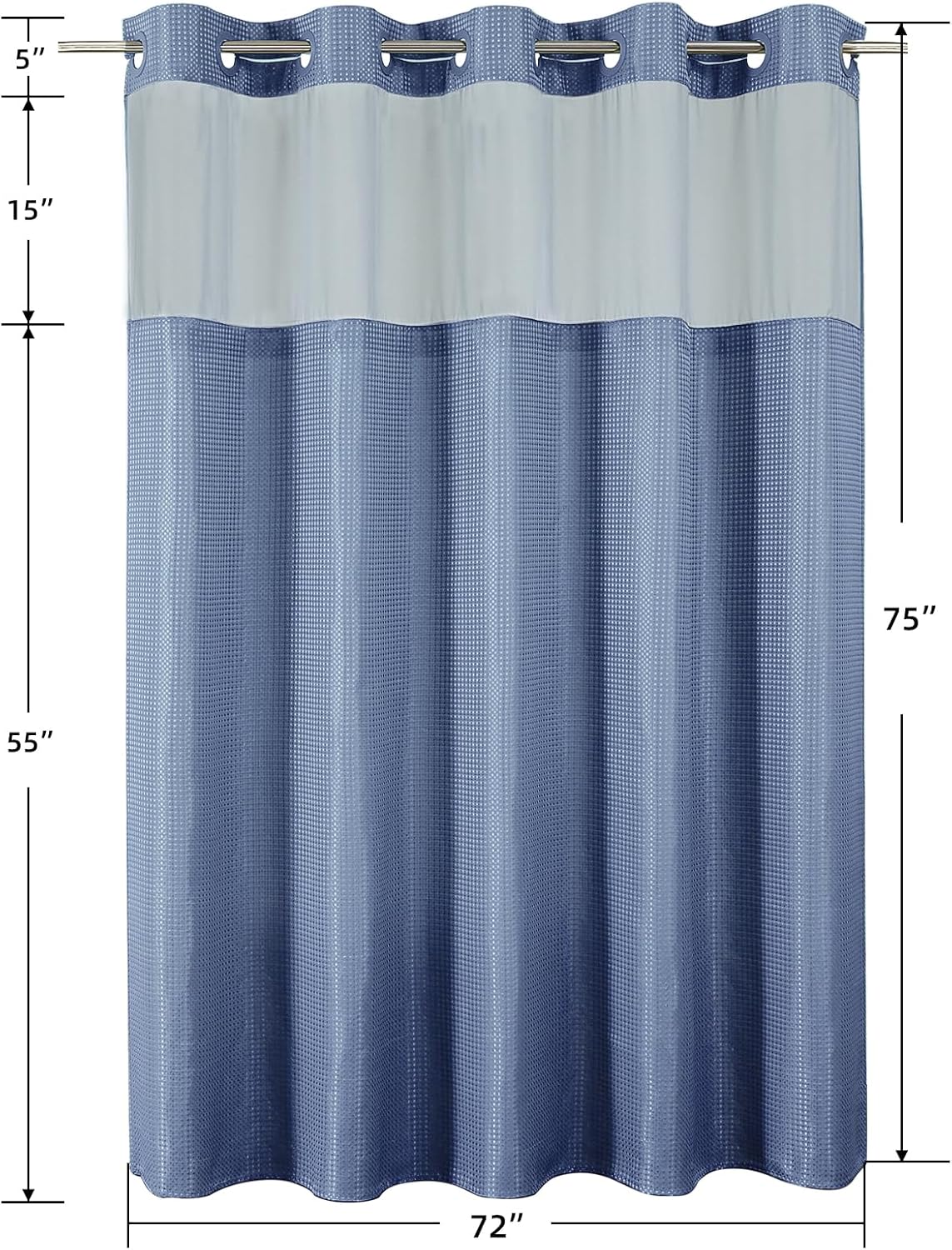 Skiennix No Hook Shower Curtain - Heavy Duty Waffle Weave with Mesh Top Window | 72 x 75 Inch, Moonlight Blue