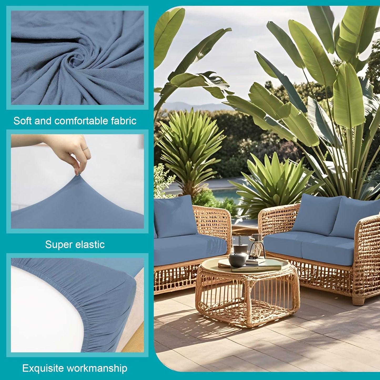Skiennix 12-Piece Stretch Patio Cushion Covers - Washable Outdoor Sofa Slipcovers | Gray Blue