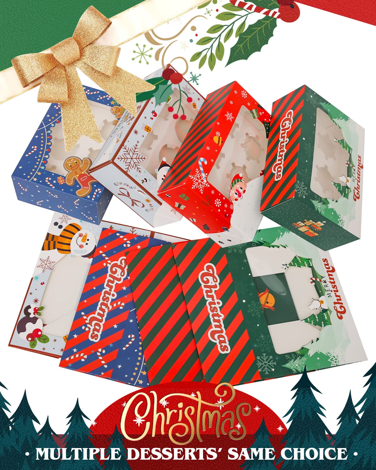 qiqee Christmas 6 Cupcake Boxes with Window 30 Packs Cupcake Box 9.4x6.1x3 inch Bakery Boxes For Cupcakes Carrier, Cupcake Containers