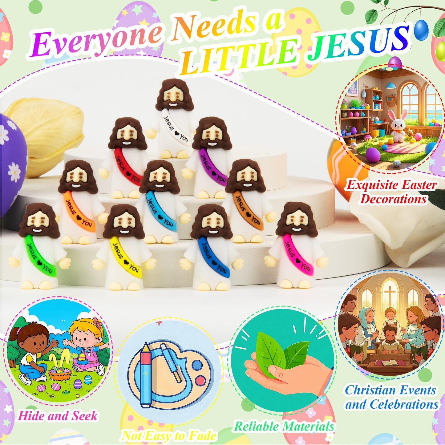 XiawaLangzhuo 50 Pack Little Jesus Figures Easter Mini Rubber Toys to Hide and Seek, Pocket Jesus Love You Miniatures Religious Party Favors Baptism Gifts Sunday School Easter Egg Stuffers (50)
