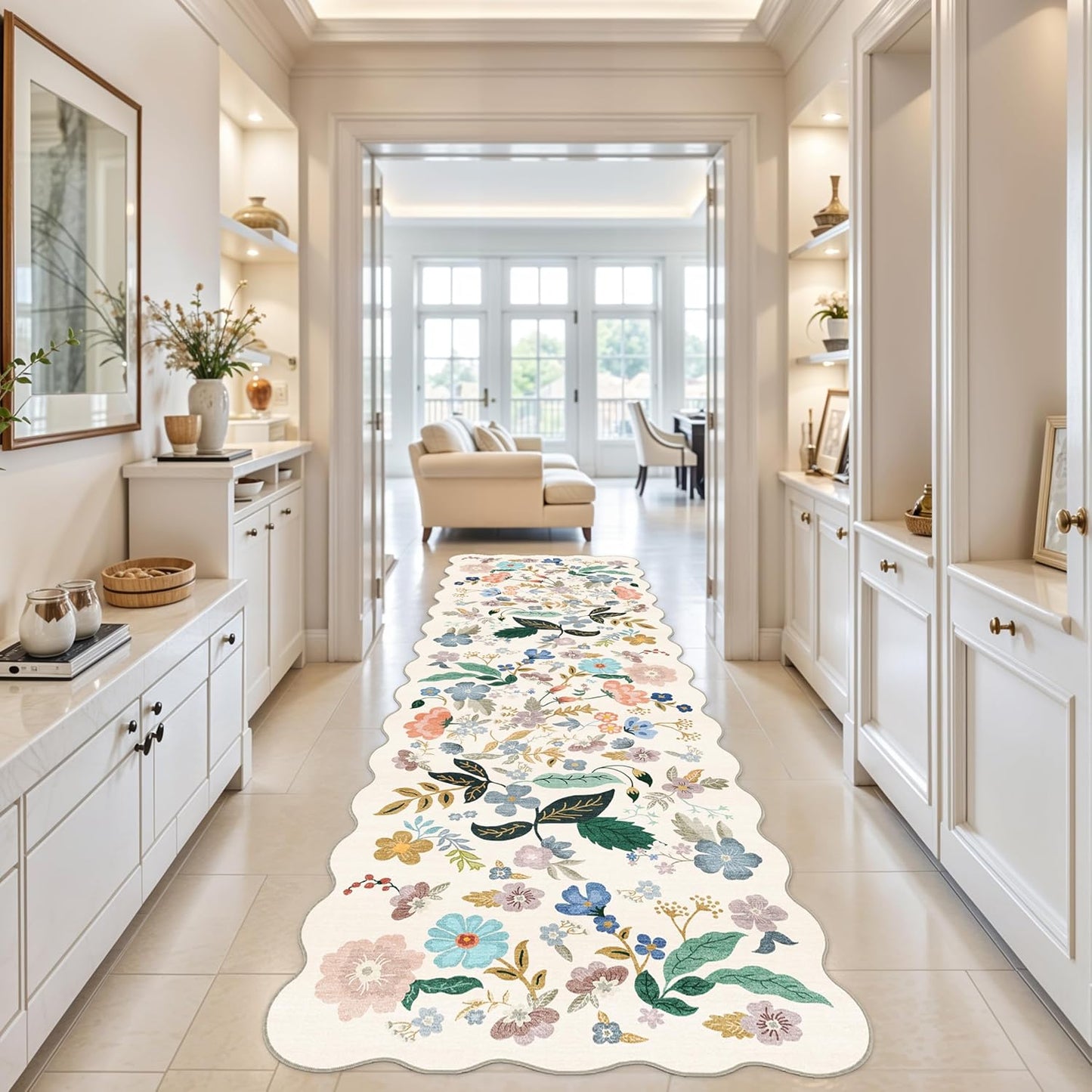 Skiennix Washable 4x12 Wide Area Rug - Soft Floral Scalloped Design | Water-Resistant Non-Slip Runner for Entryway, Kitchen, Dining Room, and More (Cream)