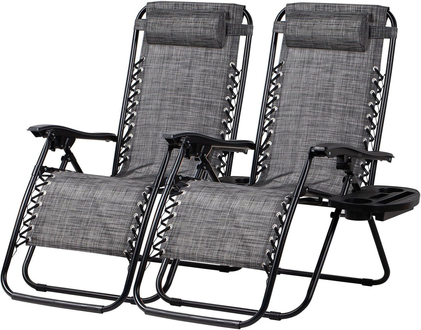 Nazhura Adjustable Zero Gravity Lounge Chairs - Set of 2 Relaxing Patio Recliners with Pillow & Cup Holder | Grey