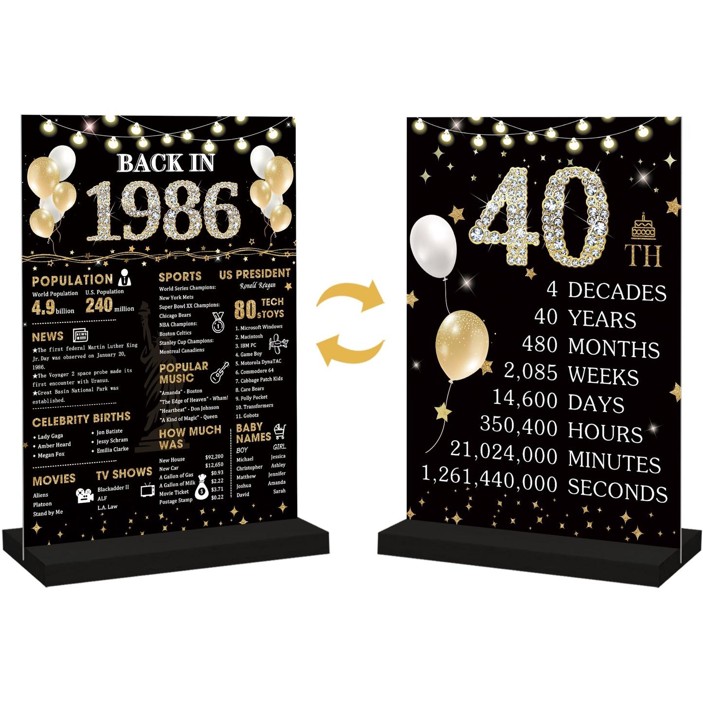 Roetyce 40th Birthday Decorations Gift for Women Men, Black Gold Back in 1986 Poster Acrylic Sign Centerpiece(1PC Duplex Printing), 40th Anniversary Table Decor, 40 Years Old Birthday Party Supplies