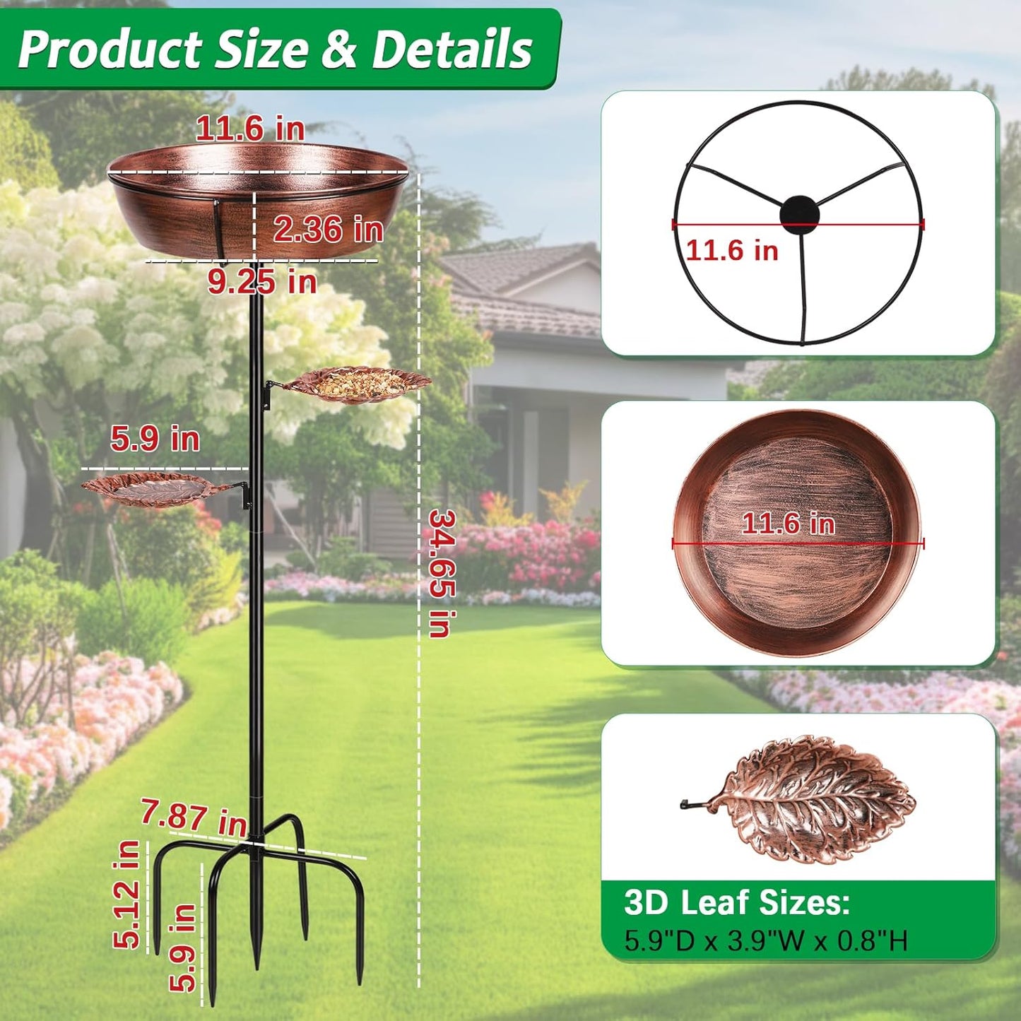 Metal Bird Bath - Heavy-Duty Outdoor Garden Feeder with Removable Bowl | Rust-Proof Bronze Design