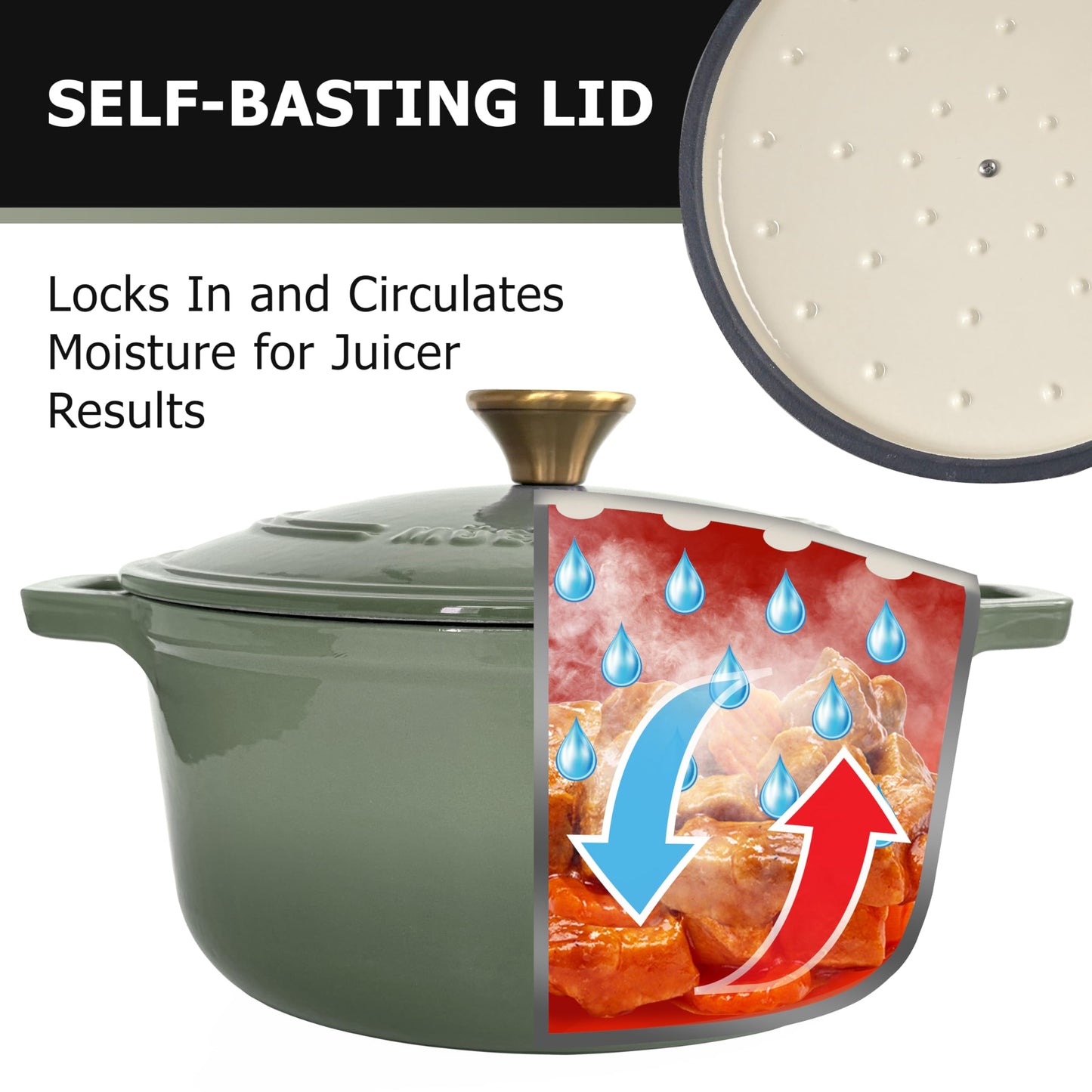 MUELLER HOME 6 Quart Enameled Cast Iron Dutch Oven For Sourdough Bread Baking, Heavy-Duty, Oven-Safe up to 500° F & Across All Cooktops, Casserole Dishes, Green Kitchen Accessories, Thyme Green
