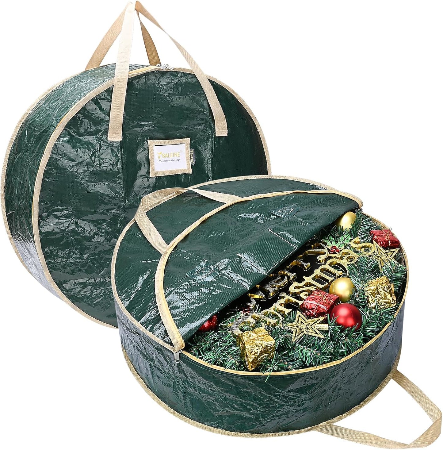 BALEINE Wreath Storage Bags - 2 Pack Tear-Resistant Holiday Wreath Containers (Green, 24"x8")