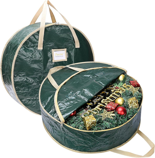 BALEINE Wreath Storage Bags - 2 Pack Tear-Resistant Holiday Wreath Containers (Green, 24"x8")