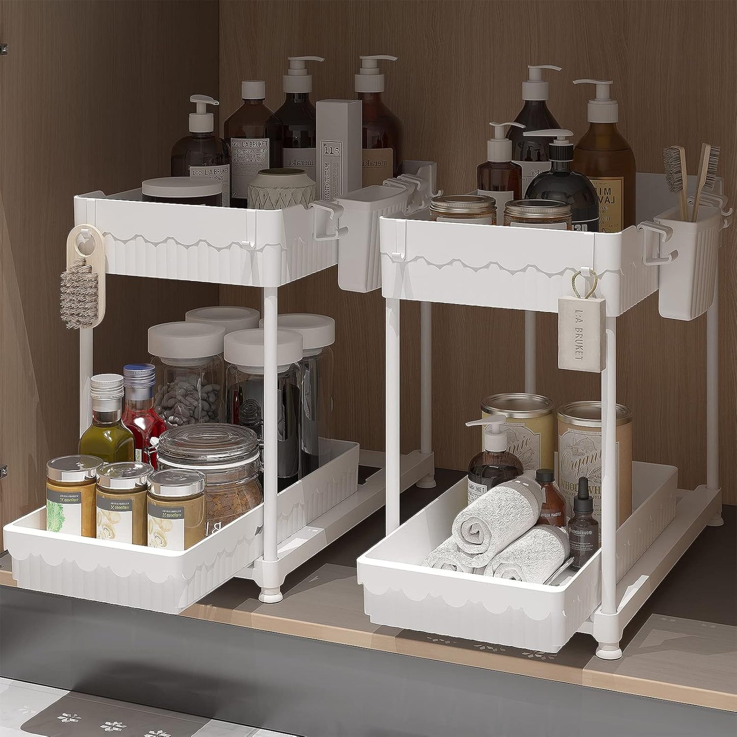 Sevenblue Under Sink Organizers - 2 Tier Sliding Bathroom & Kitchen Storage Shelf | White 2 Pack