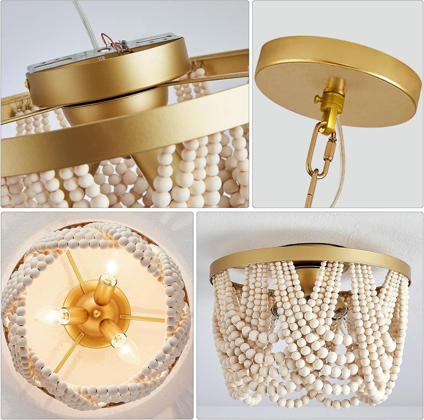 Farmhouse Boho Flush Mount Ceiling Light,3-Light Wood Bead Chandeliers,Black Metal Bohemia Hanging Pendant Lighting,Small Chandelier for Bedroom,Living Room,Entryway,Hallway