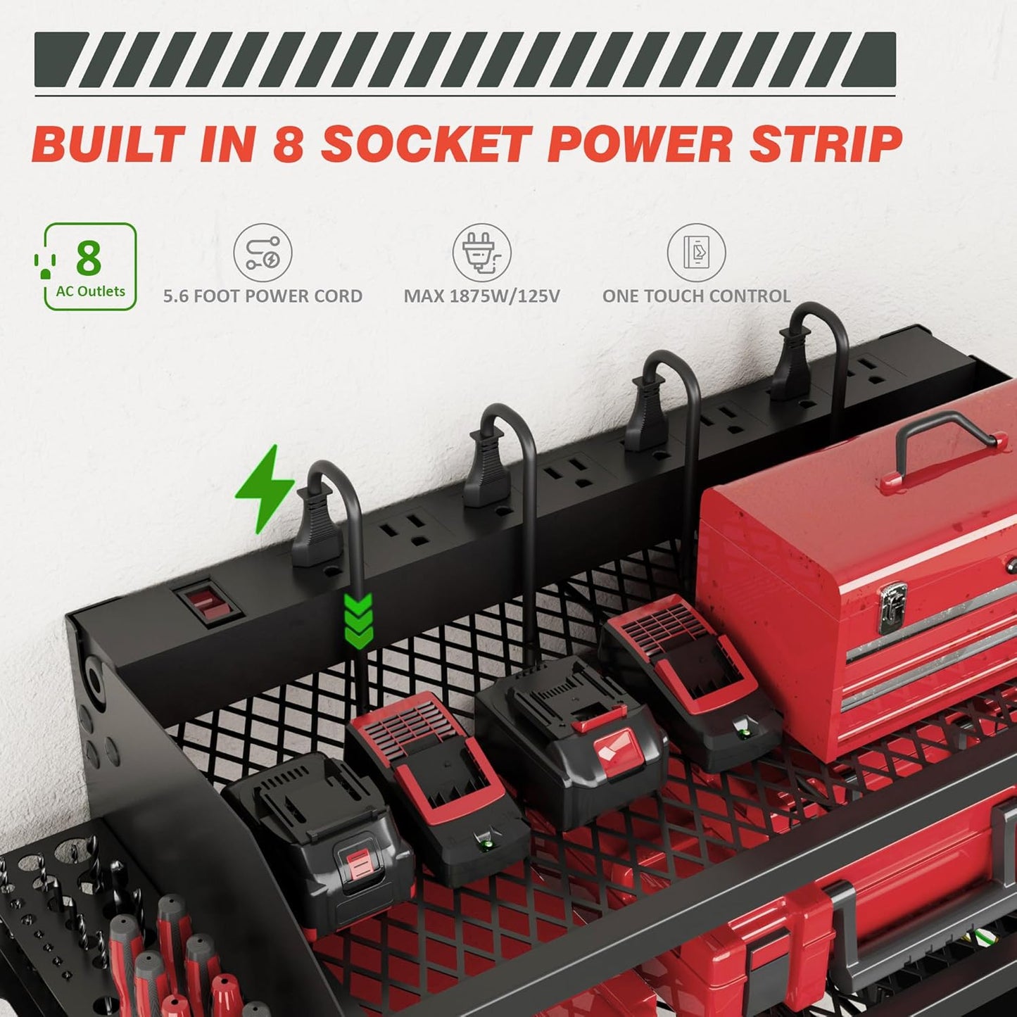 Power Tool Organizer - Wall Mount Charging Station with 8 Outlets | Heavy-Duty Metal Rack, 23-Inch 3-Tier Shelves for Garage Storage