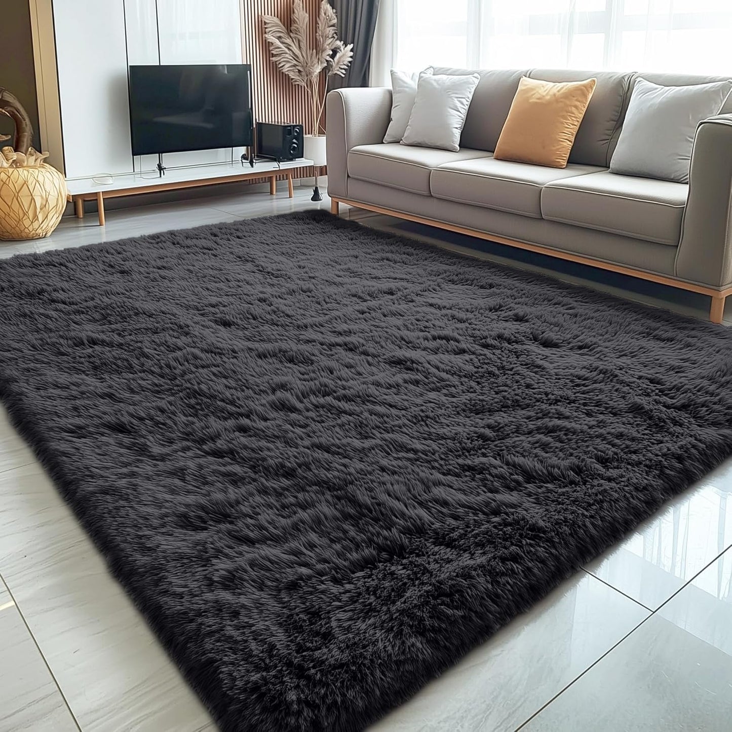 OLANLY Large Area Rug - Soft Fluffy Shaggy Carpet for Living Room & Bedroom | 5x12 ft, Black
