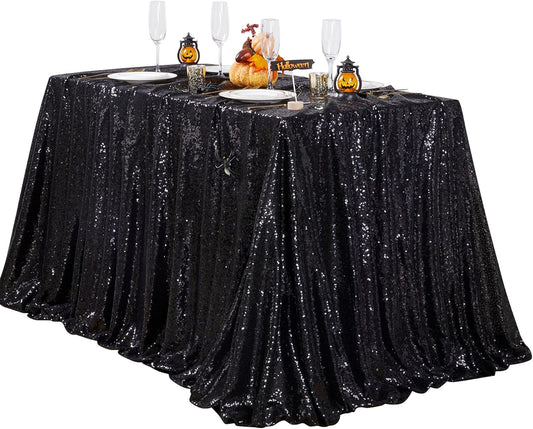 Black Sequin Tablecloth 60” x 102” - Elegant Rectangle Glitter Table Cover for Weddings & Parties