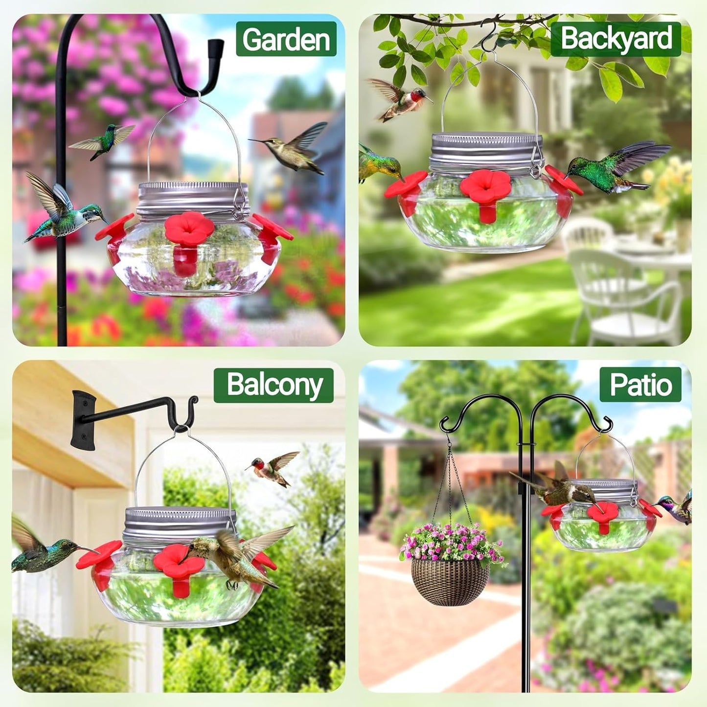 Skiennix Glass Hummingbird Feeder - Cute Mason Jar Design with 4 Silicone Flower Ports | Easy to Clean & Refill