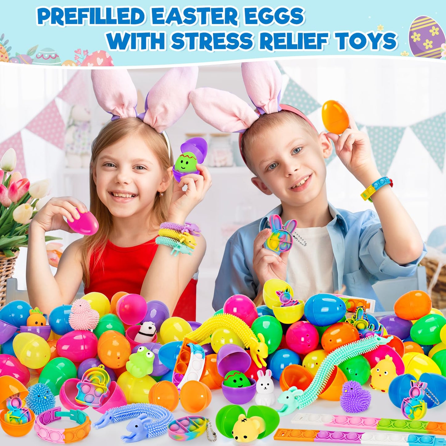 Jyusmile 36 Pack Prefilled Easter Eggs with Toys, Plastic Easter Eggs with Assorted Toys Inside, Surprise Eggs for Easter Hunt, Easter Basket Stuffers, Party Favors Bulk for Kids Boys Girls