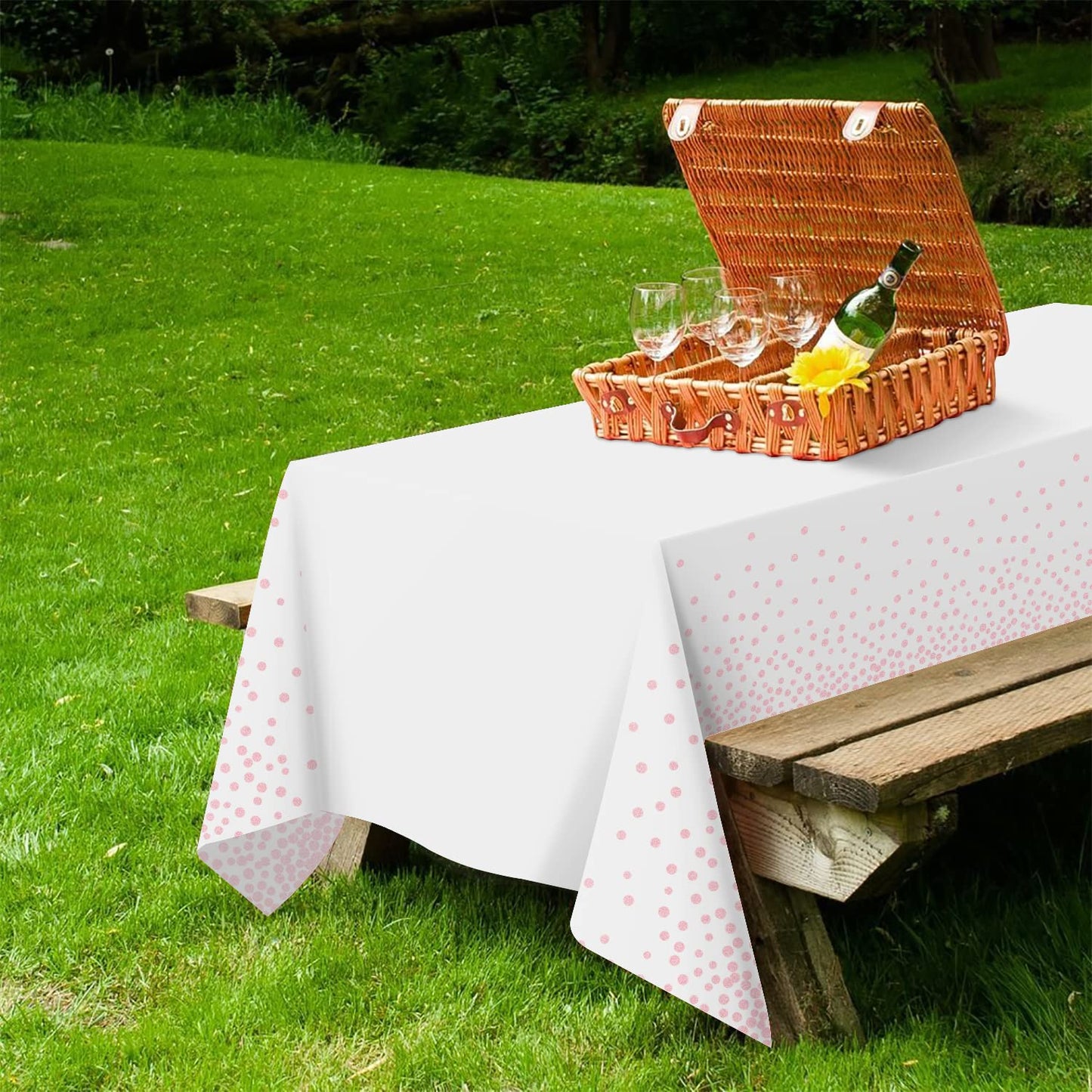 QIKSION 6 Pack White and Pink Dot Plastic Tablecloth, Waterproof Disposable Party Table Cloths for Baby Shower, Wedding, Anniversary, Birthday Party(54 × 108 Inch)