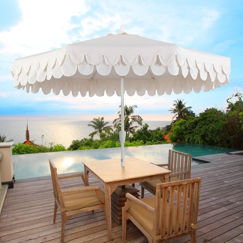 Jonathan Y Umbrella - 9 ft. Classic Mid-Century Scalloped Fringe Patio Umbrella with Auto-Tilt & UV Protection - Cream/White