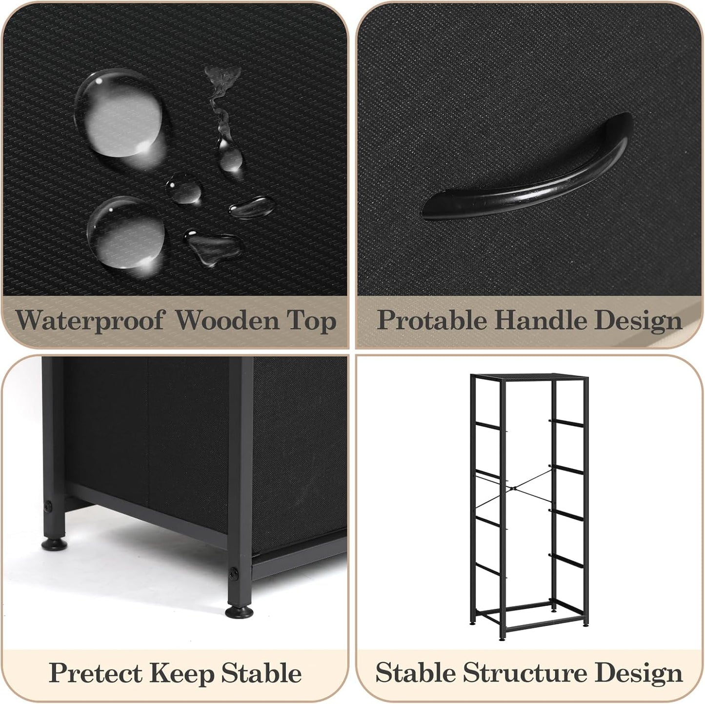 MOOACE 5-Drawer Dresser | Tall Fabric Storage Unit with Wooden Top | Black Metal Frame for Bedroom & Hallway