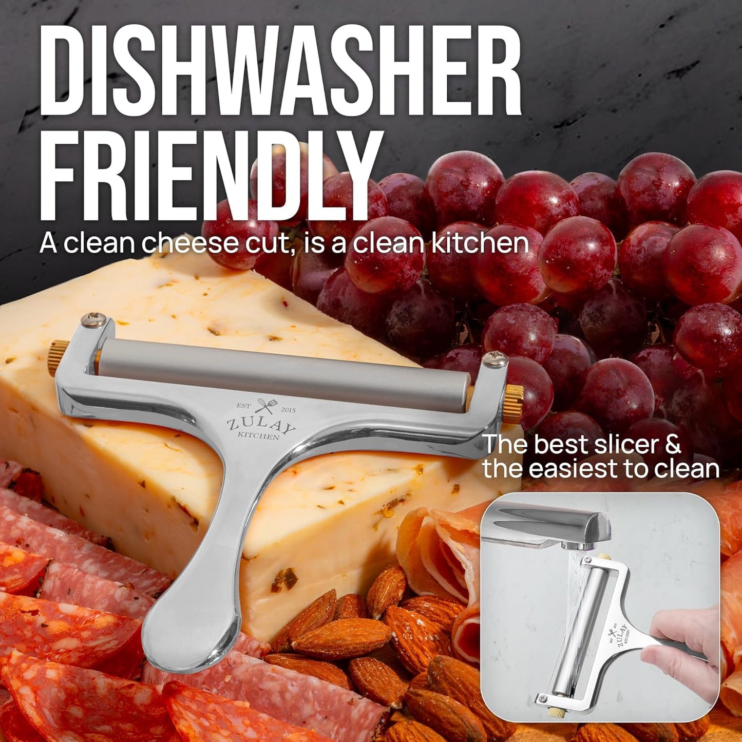 Zulay Kitchen Stainless Steel Cheese Slicer - Adjustable Handheld Cutter with 2 Extra Wires | Premium Shaver for Mozzarella, Cheddar, Gruyere - Silver