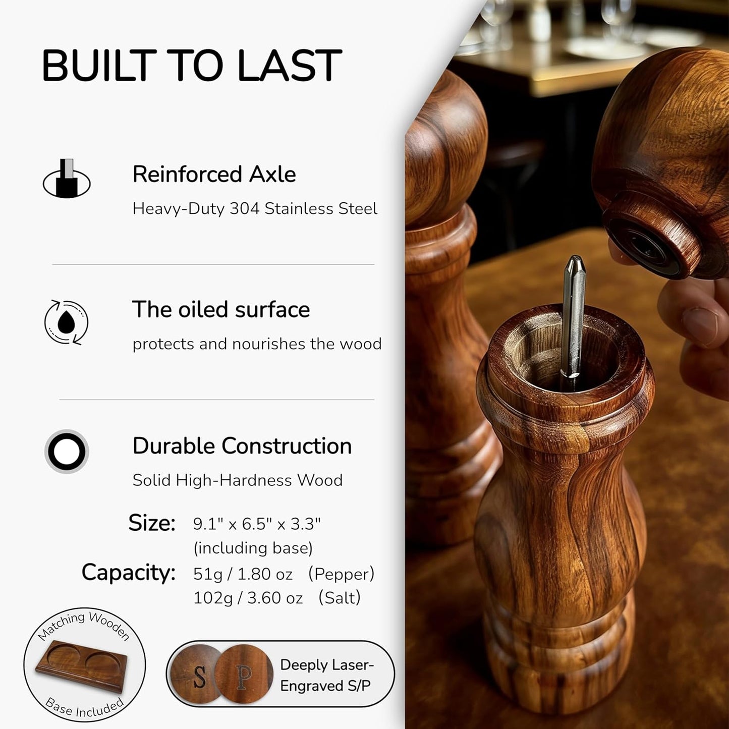 Skiennix Wooden Salt and Pepper Grinder Set - Manual Mill with Adjustable Coarseness, 9” Tall (Acacia)