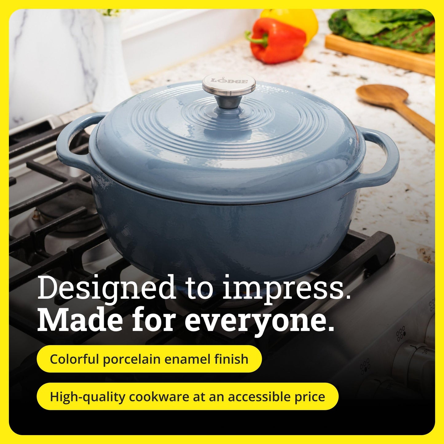Lodge 3 Quart Enameled Cast Iron Dutch Oven with Lid – Dual Handles – Oven Safe up to 500° F or on Stovetop - Use to Marinate, Cook, Bake, Refrigerate and Serve – Storm Blue