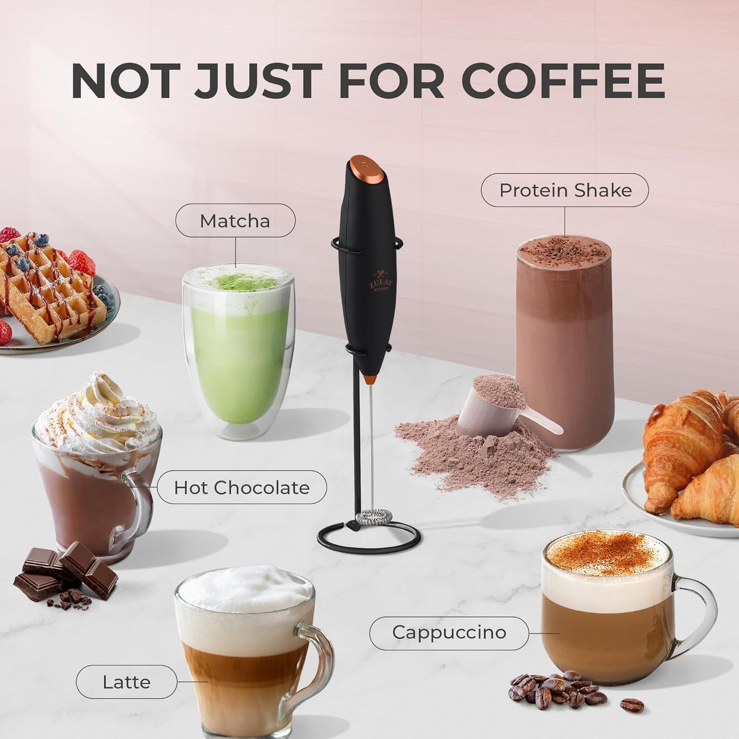 Zulay Kitchen Milk Frother Wand - Ultra-Fast Handheld Drink Mixer with 4 AA Batteries - Black Copper