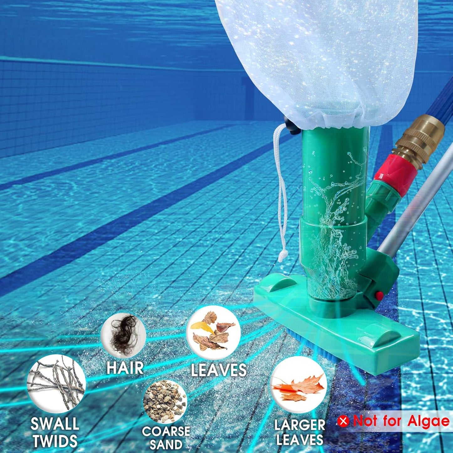 POOLWHALE Portable Pool Vacuum - Jet Underwater Cleaner with Brush & 6-Section Pole (56.5") for Above Ground Pools, Spas & Fountains