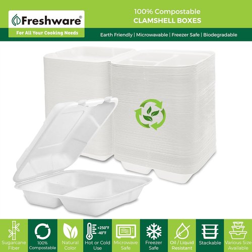 Freshware Compostable Clamshell Food Containers [8x8"] 3-Compartment 50-Pack, Disposable Containers, Biodegradable Sugarcane To Go Boxes - Paper Food Containers - Microwave & Freezer Safe, Stackable