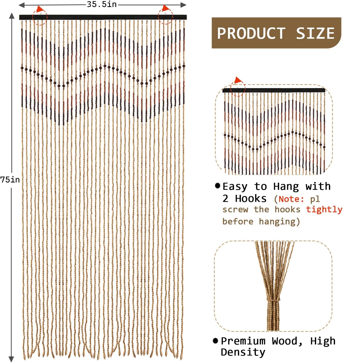 35.5" x 75" Bamboo and Wood Beaded Curtain for Doorway 52 Strands Handmade Bohemian Door Beads Curtain Boho Hanging Room Divider for Bedroom Living Home Deco, Beige