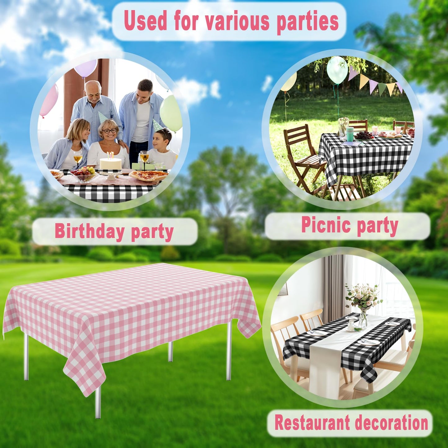 OLIVBIN 4 Pack Pink and White Checkered Tablecloth Pink Checkered Flag Tablecloth, Disposable Plastic Gingham Table Cover for Parties, Race Car Birthday Party, Birthday, Outdoor Picnic, 54 × 108 Inch