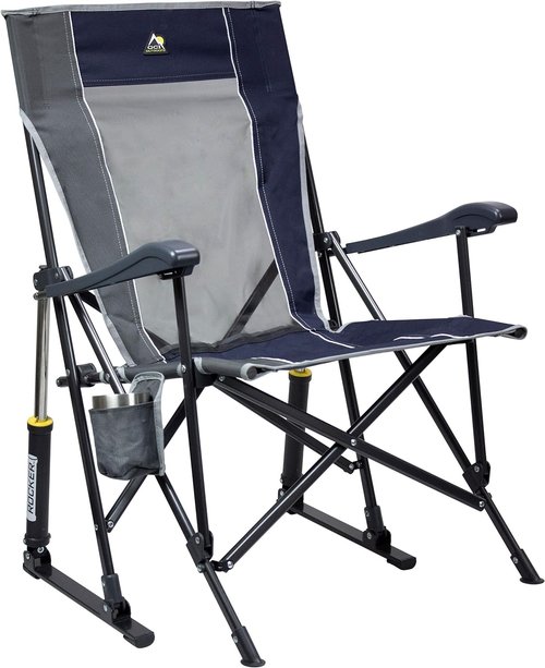 GCI Outdoor RoadTrip Rocker Camping Chair - Portable Folding Rocking Chair with Drink Holder & Extended Backrest - Indigo Blue